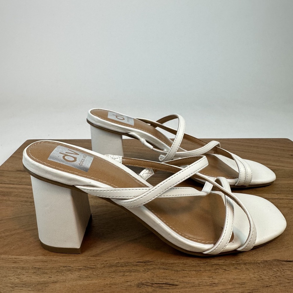 New Womens Dolce Vita Hinx White Faux Leather Strappy Heeled Slide Sandal Size 6